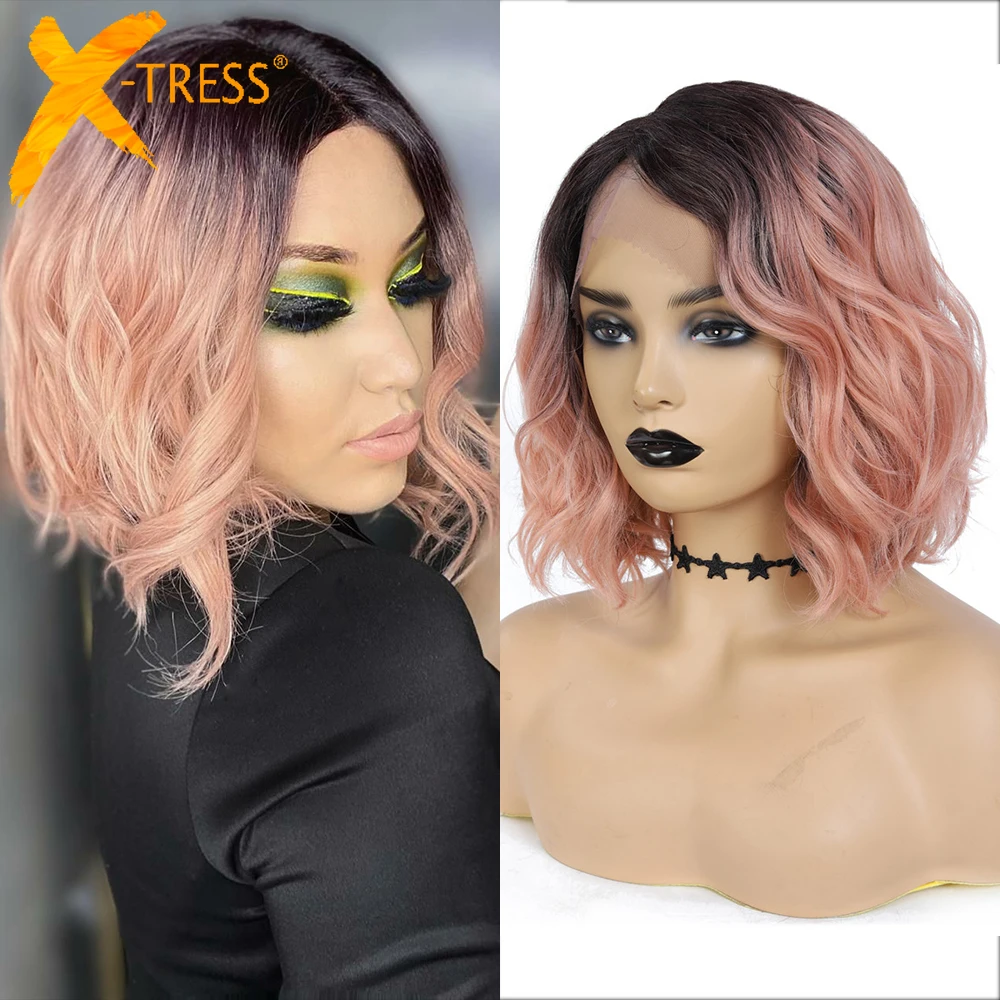 

X-TRESS Synthetic Lace Front Wig Ombre Pink Colored L part Lace Wigs For Women Heat Resistant Fiber Side Part Short Bob Hair Wig