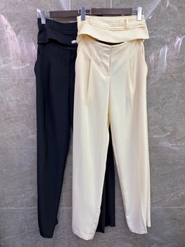 

2020 Spring and Summer New Women's Girdle Stitching Decorations Oblique Symmetrical Pocket All-match Trousers Casual Pants 605