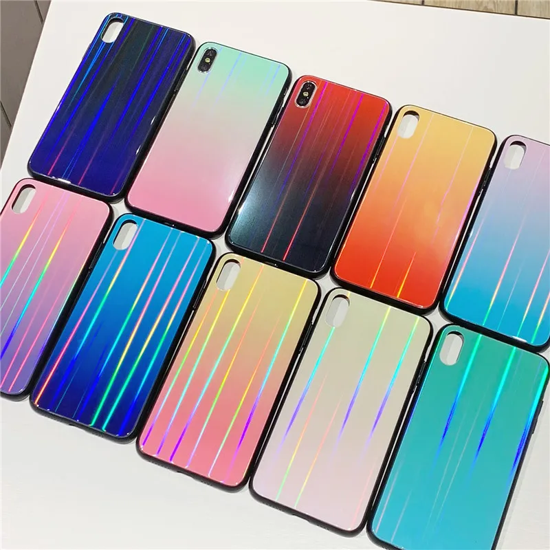

Glitter Gradient Tempered Glass Phone Cases For iPhone XR X XS MAX 7 8 6 6S Plus 11 Pro Max Bling Laser Aurora Colorful Covers
