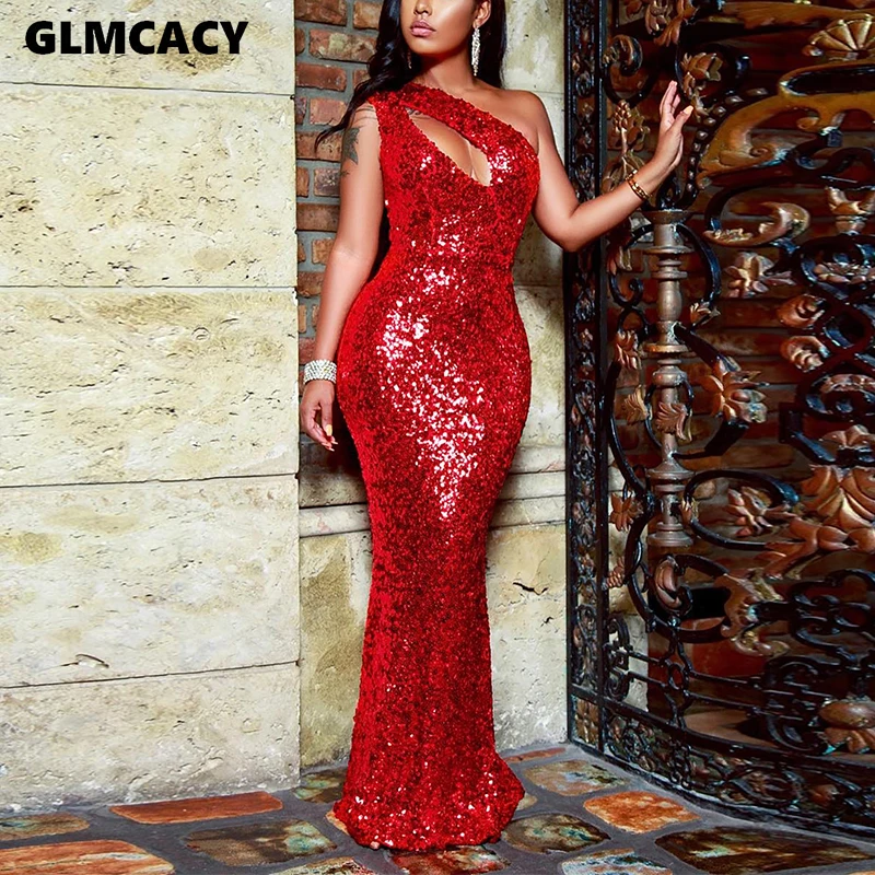 Women Sexy One Shoulder Sequin Dress Formal Elegant Long Bodycon Maxi ...