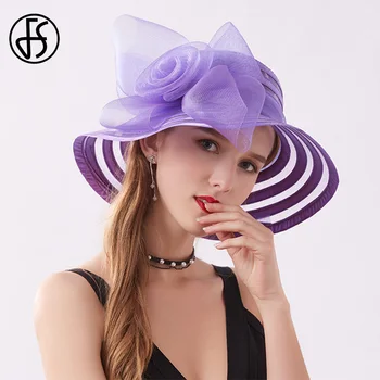 

FS 2020 Elegant Wide Brim Beach Hat Church Hats Wedding Lady Kentucky Derby Mesh Satin Purple Yellow Chapeau Femme Mariage