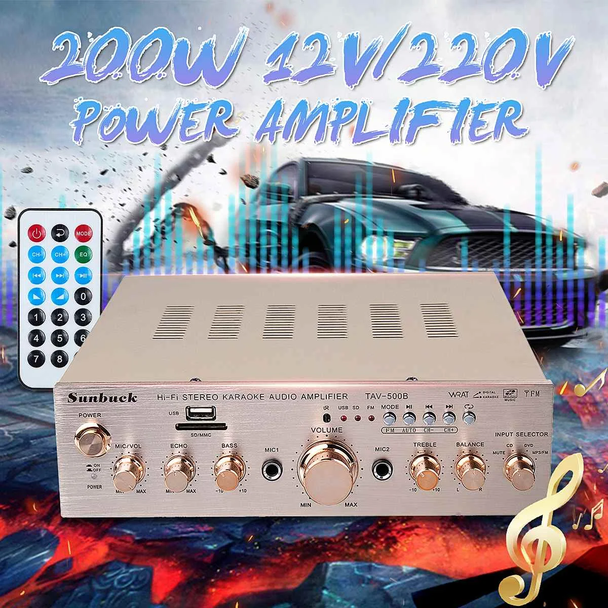 

12V/220V 200W Car Home Theater Amplifier HIFI Stereo Audio Music AMP USB SD FM