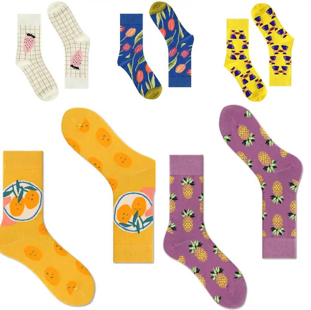 Носки для взрослых до середины икры, хлопковые носки, клубника, шотландка, проверка сетки, бутылки, ананас, ананасы, тюльпаны, цитрусовые Junos
