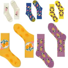 Носки для взрослых до середины икры, хлопковые носки, клубника, шотландка, проверка сетки, бутылки, ананас, ананасы, тюльпаны, цитрусовые Junos