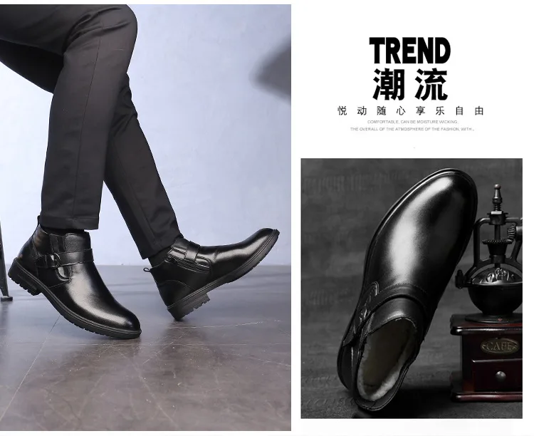 Top Quality Genuine Leather Boots Winter Shoes for Men Buckle Warm Motorcycle Ankle Boots Short Plush High Top Shoes Male