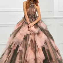 Tanpell Уникальный Холтер 3D цветок бальное платье Тюль слои контрастного цвета длиной до пола дизайнерское Пышное Платье