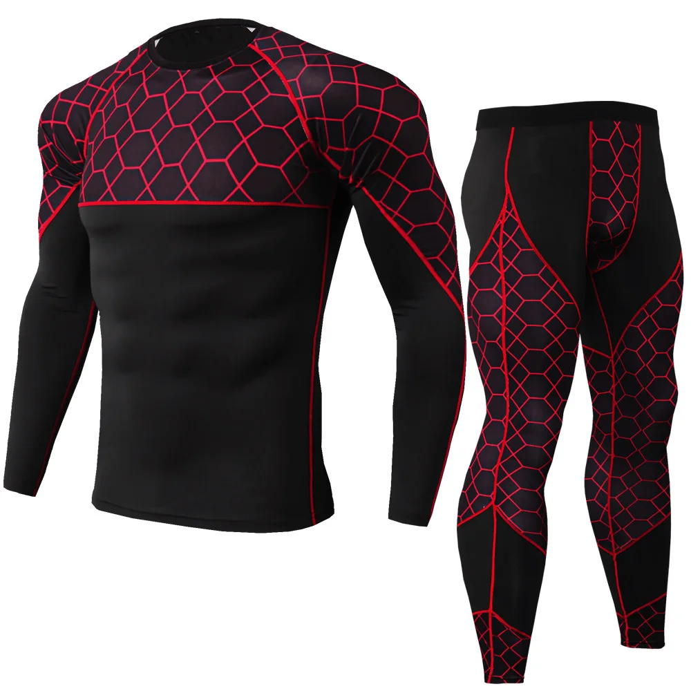 Мужской спортивный костюм для бега, мужская спортивная одежда для бега, для спортзала, фитнеса, тренировочный костюм, компрессионная футболка с сеткой и штаны, костюм - Цвет: Grid red Suit
