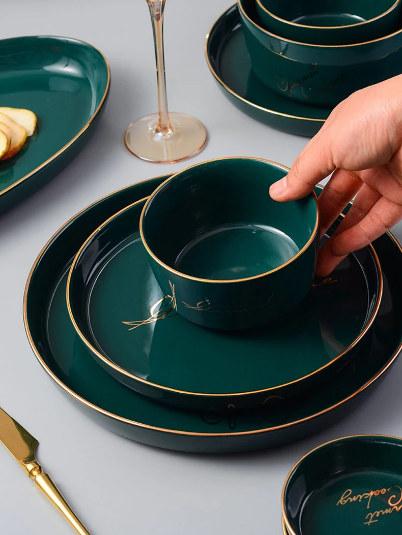 Керамическая тарелка с зеленым золотым ободком/миска для десерта, керамический поднос для хранения, домашняя кухонная миска для супа, настольный декоративный поднос для гостиной