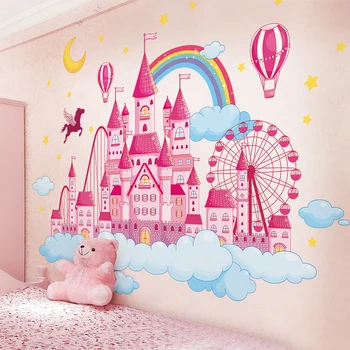 

[SHIJUEHEZI] Cartoon Castle Wall Stickers DIY Clouds Moon Stars Wall Decals for Kids Bedroom Baby Bedroom Home Decoration