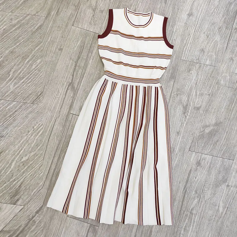 

Ozhouzhan Women's Stripes Slim Fit Sleeveless Dress Women's Vest Joint A- line Pleated Skirt