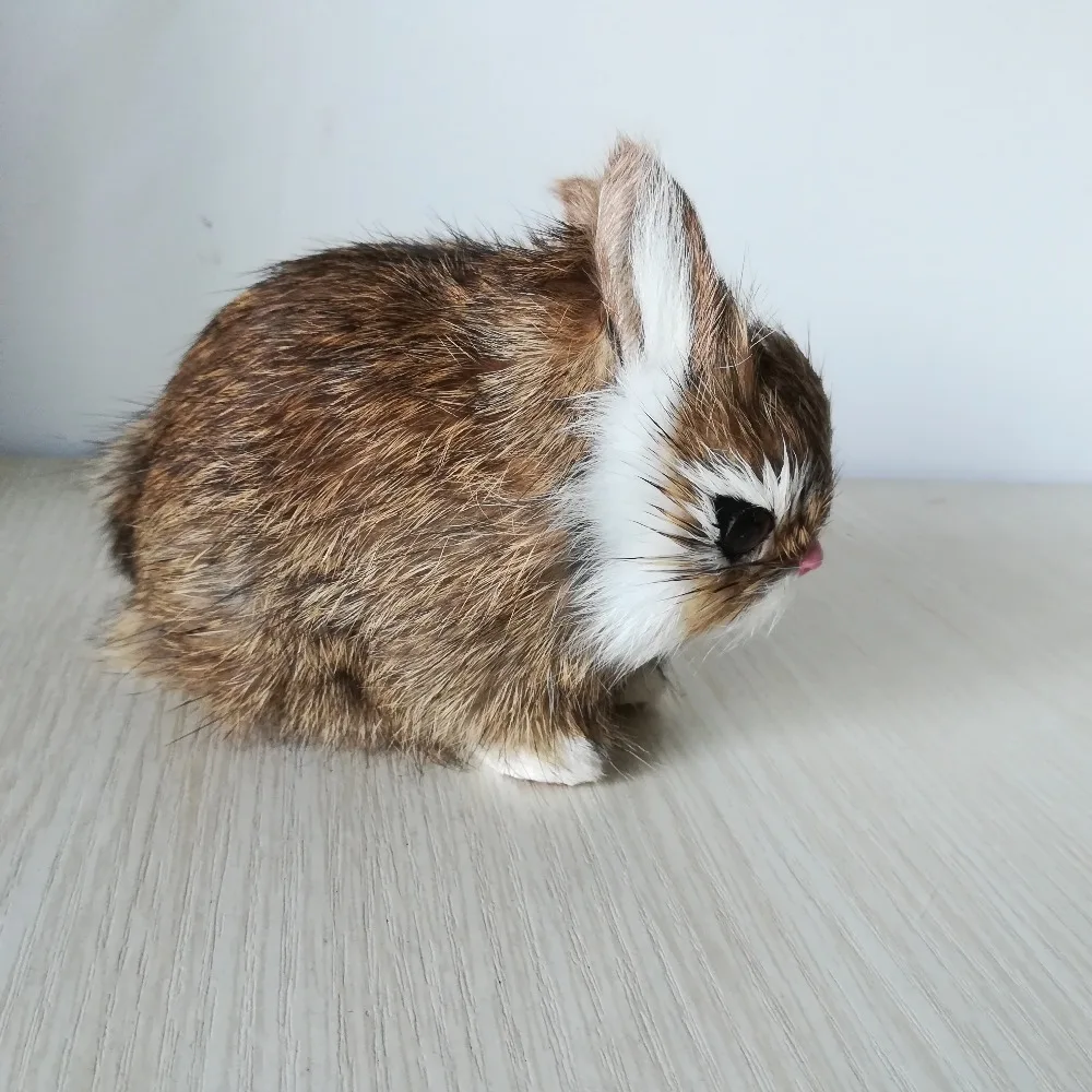 Около 13x10 см, настоящая игрушка, коричневый кролик, твердая модель, ручная работа, пластик и меха, кролик, реквизит, украшение дома, игрушка, рождественский подарок, w0024