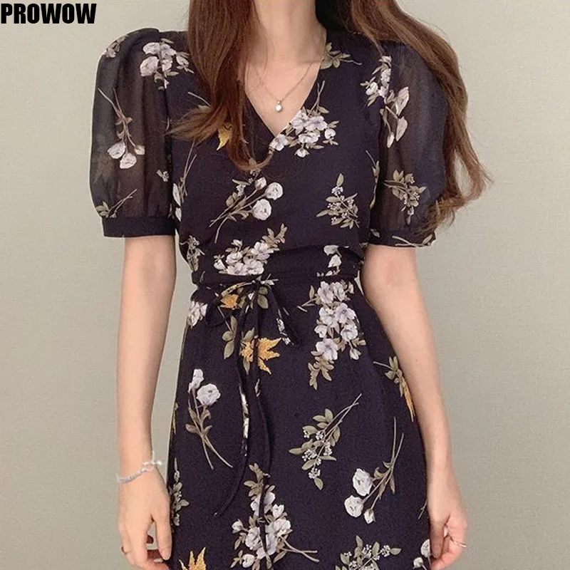 2020 Summer Chiffon Floral Dress Korean Women White Beach Bohemian Elegant Robe V Neck Dresses Femme