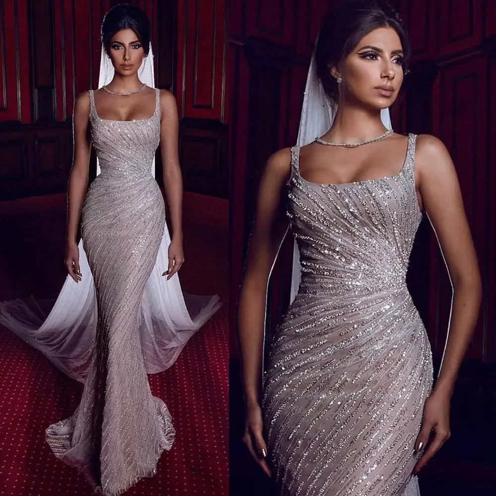 

Luxury Beaded Prom Dresses With Straps Long Mermaid Evening Gowns Square Collar Crystal Sparkling Sequins Party Dress