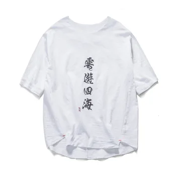 

ZHIJING Summer Large Size Crew Neck Pullover Men'S Wear Chinese-style Cotton Linen Embroidered Retro Short Sleeve T-shirt
