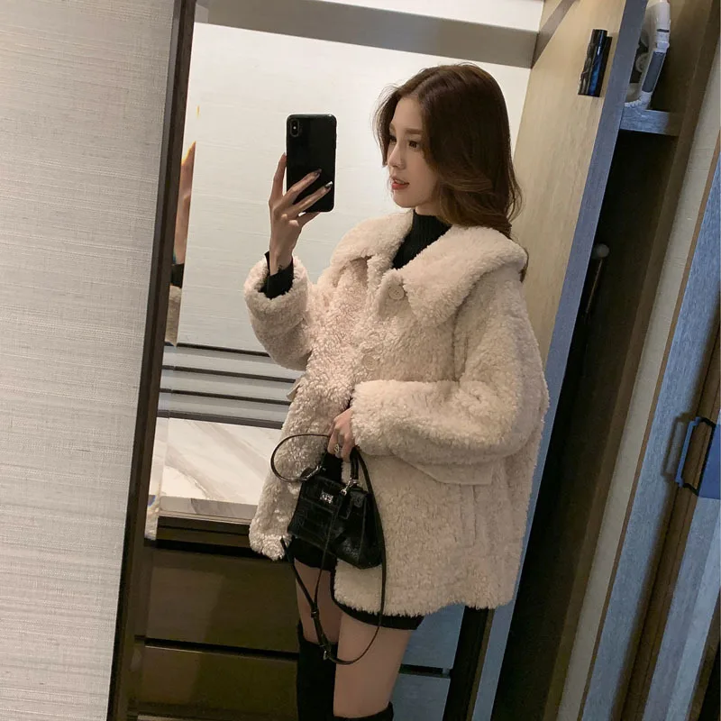 Korean-style New Style Autumn And Winter Fashion Elegant Versatile Fold-down Collar Lambs Wool Fur Cropped Jacket WOMEN'S D
