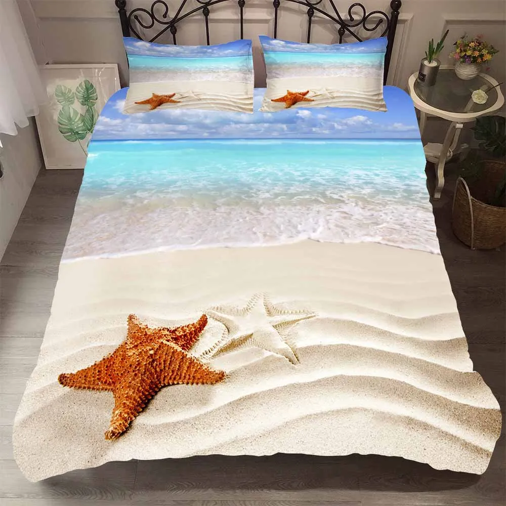 

Sets of Linen Double Duvet Cover Natural Scenery Printed Bed Cover Beach View Bedding Space King Queen Size