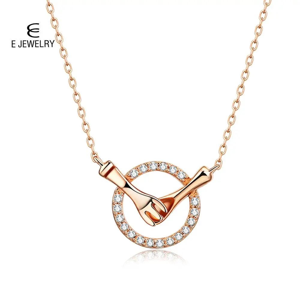 

E Jewelry 925 Sterling Silver Spoon Pendant Necklace for Women Rose Gold Plated Round Crystal Necklace Fashion Jewelry Gift