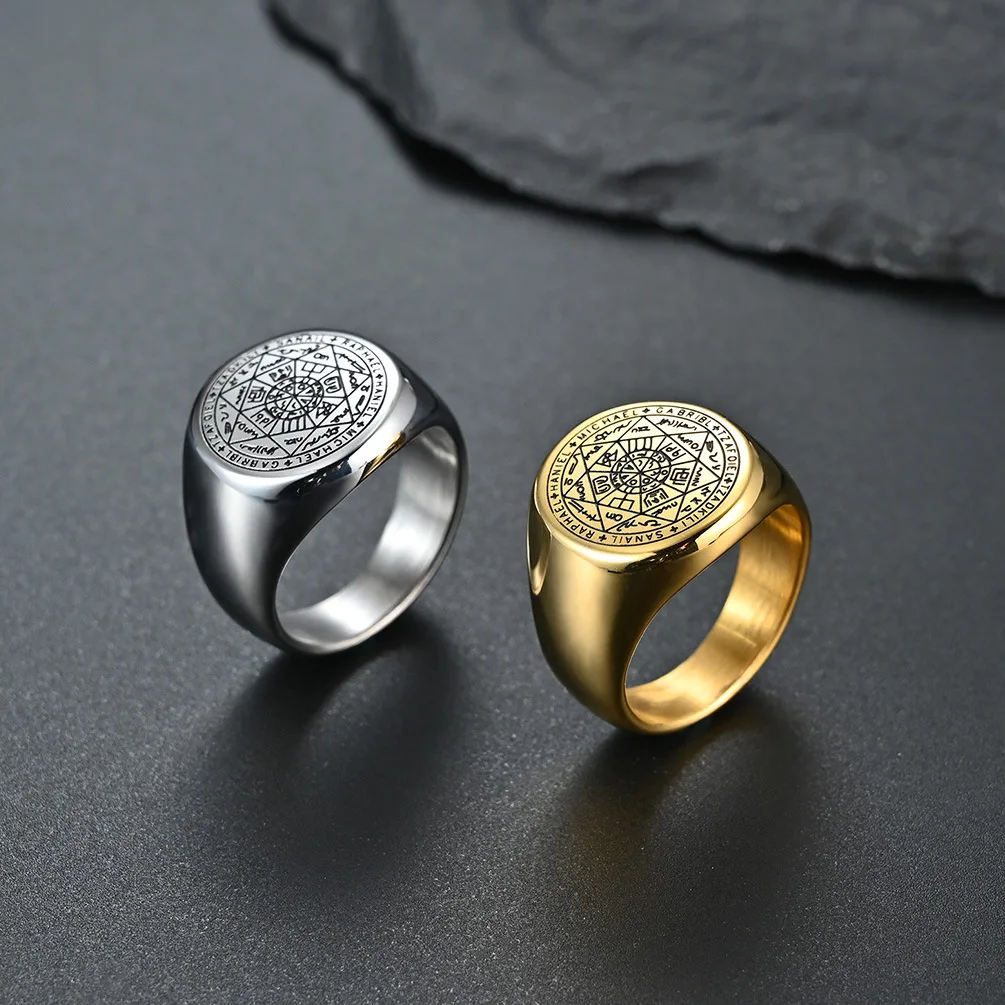 Stainless Steel Ring The Key of Solomon Seal the Seven Archangels Ring Amulet Male Jewelry