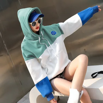 

New 2019 women's sweater with plush and thickened cotton inserted color panel hooded sweater women's loose and versatile student