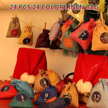

1 Set 24pcs 24 Colors Christmas Gift Bag and 24Pcs Clips and 10m Hemp Rope and Stickers Set HYD88