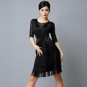 

Hot New Ladies Latin Dance Dress Sexy Fringe Women Dance Costumes New Fashion Long Sleeve Sequin Dress Performance Clothing