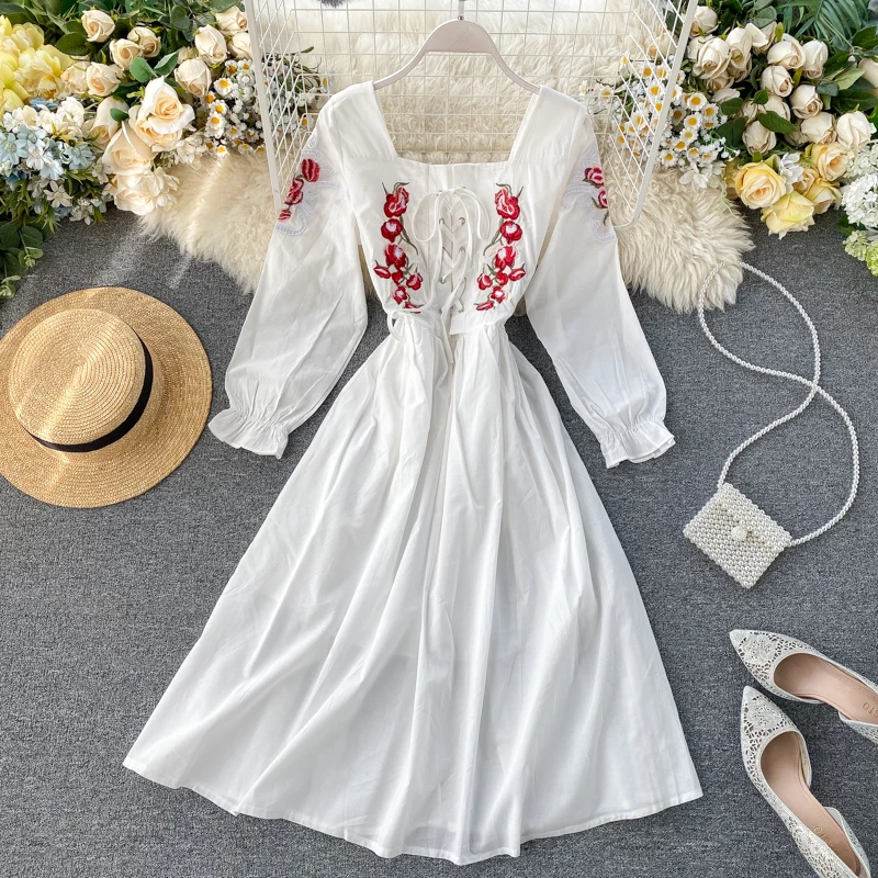 2020 Spring Women Vintage Embroidery Square Collar Puff Sleeve Empire A-Line Dress Casual Long H166 | Женская одежда