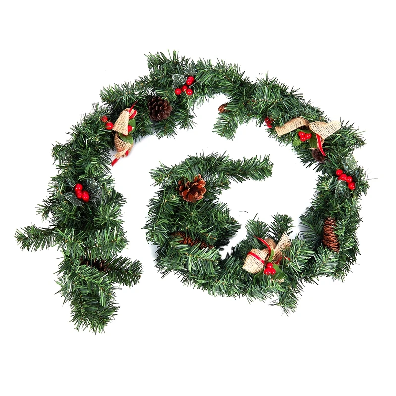 

1.8M/6FT Christmas Garlands for Fireplaces Artificial Wreath Garland with Berries Pinecones and Burlap Bowknots Xmas Decorations