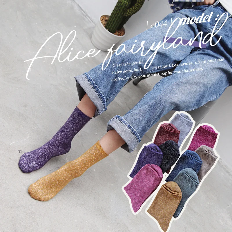 

2019 Autumn Colorful Silk Pure Color Women Long Socks Fashion Shiny Tube Girl Socks Korean Style Vintage Warm Cotton Socks