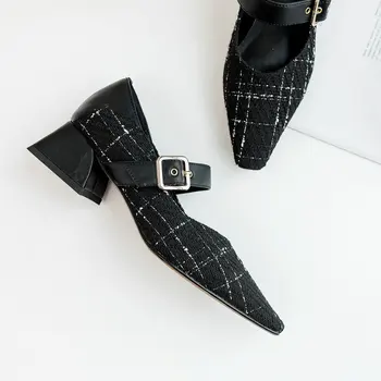 

Black Buckle Square Heel Women Fashion Dress Party Leather shoes 2020 Spring new Pumps Female Knitting Shoes Plus Size 34 - 43