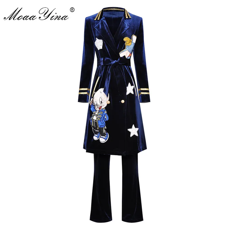 Модный дизайнерский комплект moaayina, весна-лето, Женская ветровка с длинным рукавом и мультяшной вышивкой+ брюки, Бархатный комплект из двух предметов - Цвет: Синий