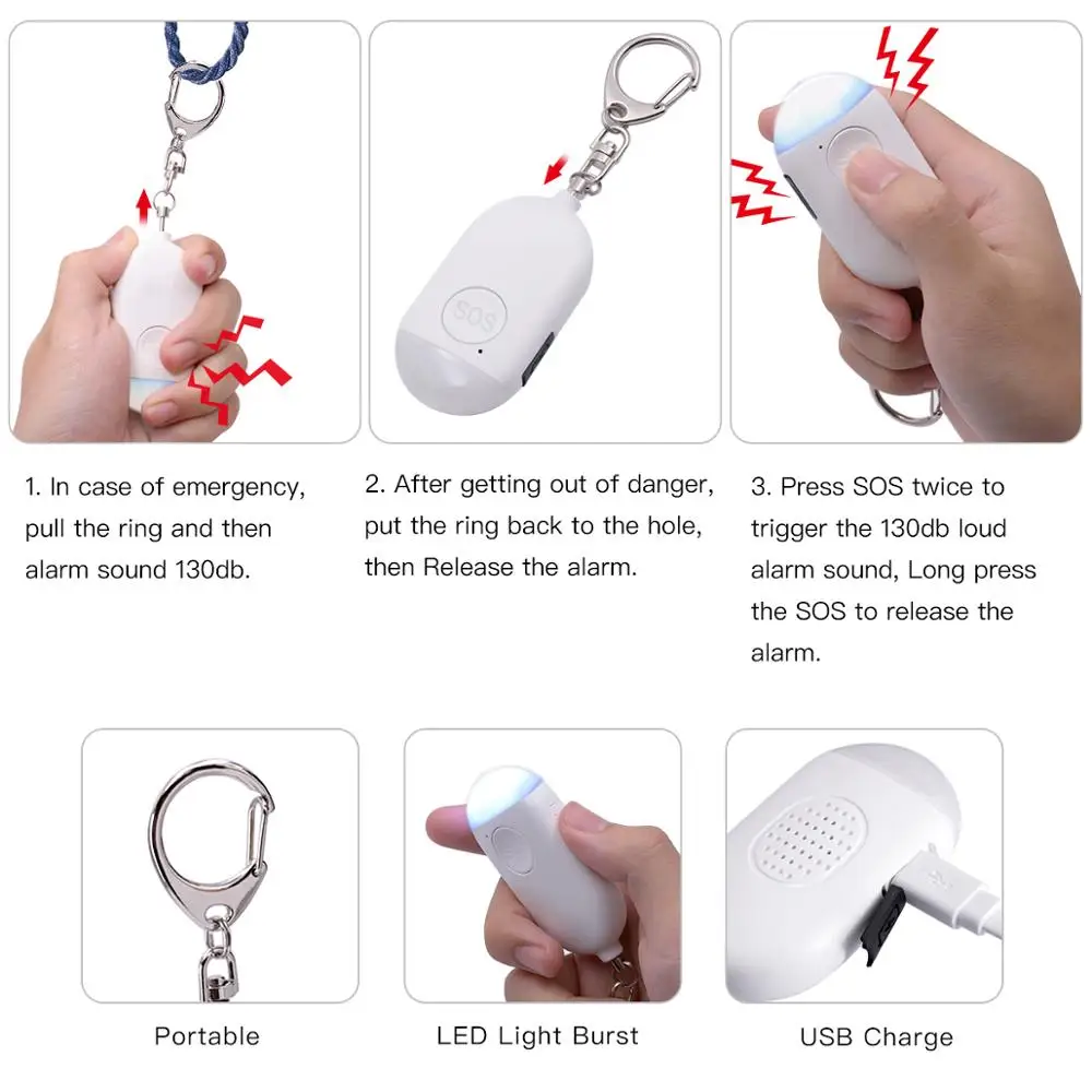 Self Defense Alarm 130dB Rechargeable Girl Women Security Protect Personal Safety Scream Keychain Emergency Alarm LED Flashlight