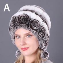  Women Fur Hat For Winter Natural Rex Rabbit Cap Russian Female Fur Headgear Outdoor ear Warm Flowers Earmuff Beanies Caps 