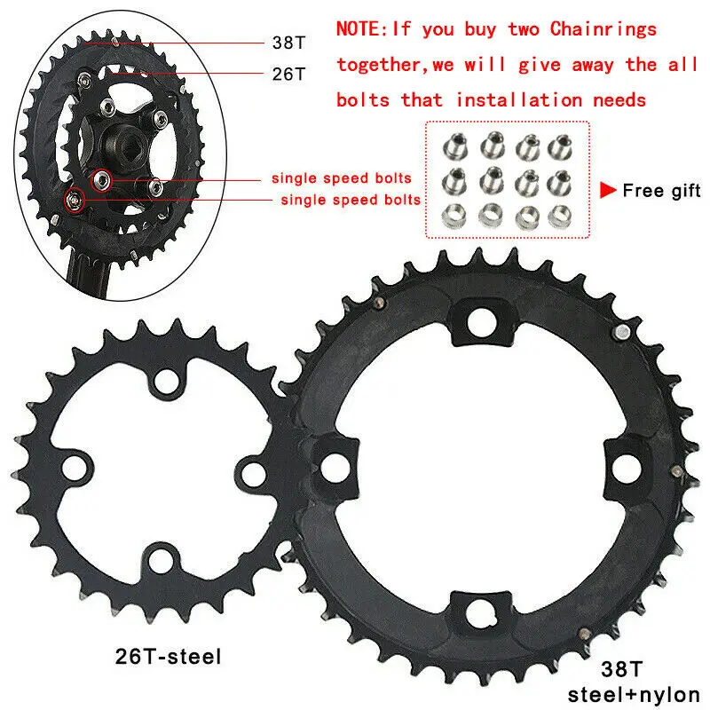 MTB Chainirng 104/64BCD 24/26/32/38/42T двойной/тройной Скорость звездочка цепной передачи шатун для горного велосипеда велосипед Запчасти для Shimano диаметра окружности болтов - Цвет: 26T-38T(Steel-Nylon)