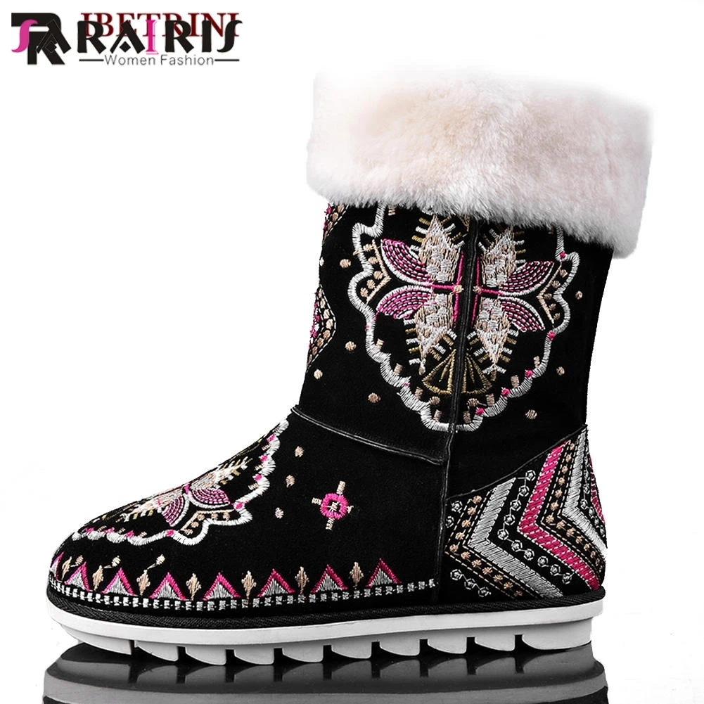 

SARAIRIS Size 34-40 Ethnic Flower Embossed Comfortable Flat Heels Round Toe Warm Fur Shoes Woman mid-calf Snow Boots