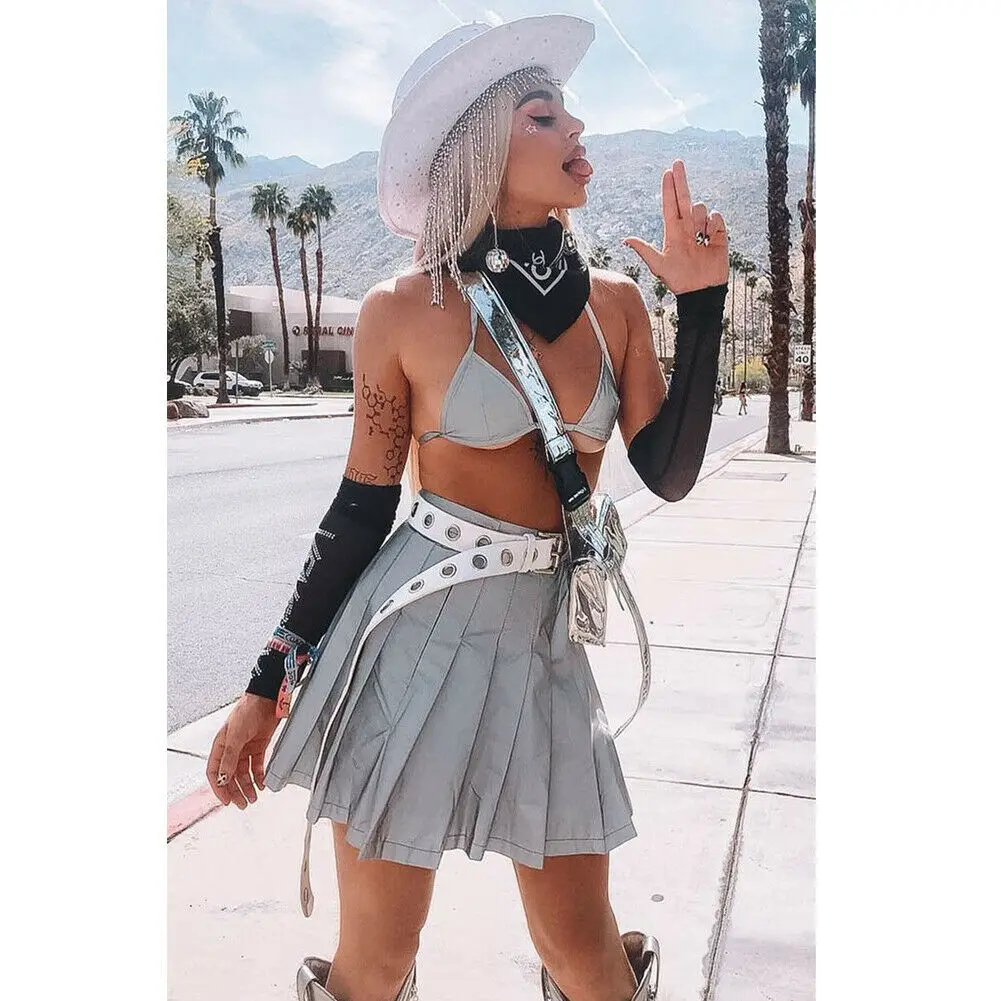 Sexy Hip Hop Women Skater Dance Reflective High Waist Pleated Skirt School Girl Plaid Flare Skater Short Skirt Sexy Hip Hop Women Skater Dance Reflective High Waist Pleated Skirt School Girl Plaid Flare Skater Short Skirt