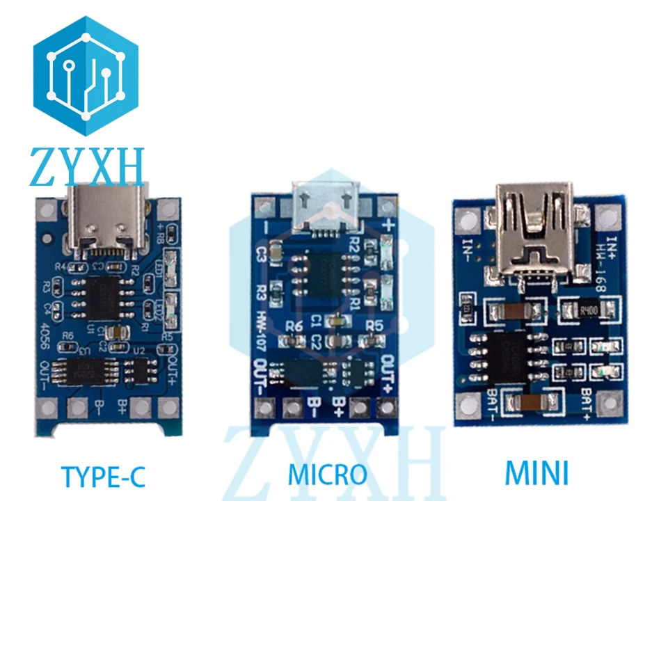 5 PCS Type C Mini Micro USB TP4056 5V 1A Charger Board Lithium 18650 Li-ion Battery Protection Charging Module Dual Functions |