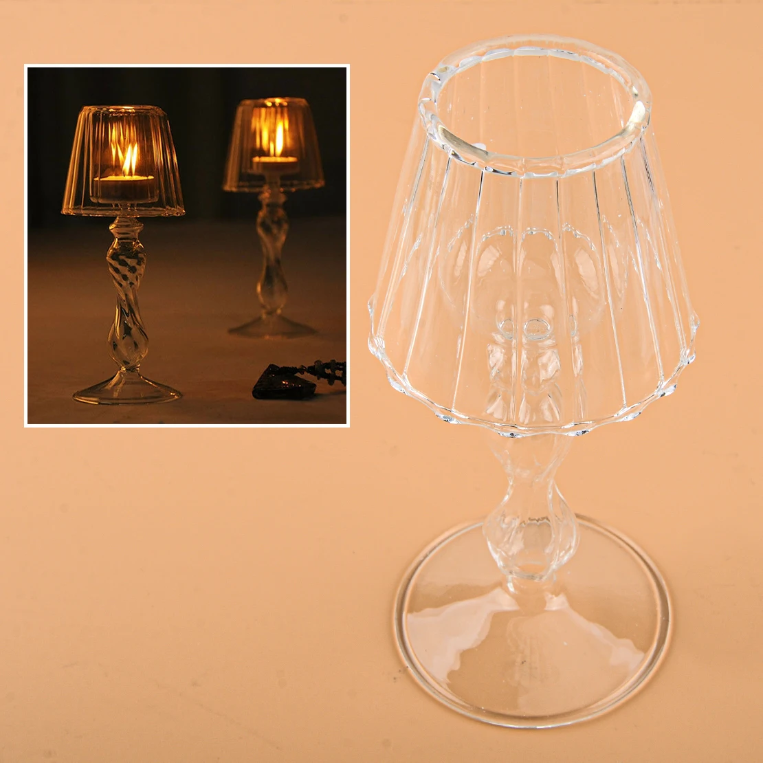 Table Lamp Shape Clear Glass Candlestick Holder Container Stand 