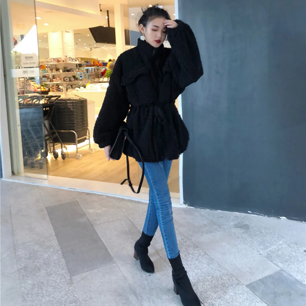Chaquetas mujer, зимнее пальто для женщин, теплое, из овечьей шерсти, с рукавами-фонариками, на завязках, длинное пальто, abrigos mujer invierno casacos