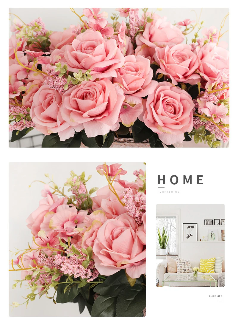 JAROWN 50cm Rose Hydrangea Silk Bouquet Artificial Flowers 13 Heads Bride Wedding DIY Flower Arrangement Home Decoration Fake Flowers Faux (19)
