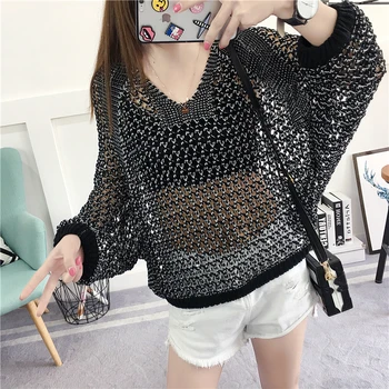 

Korean style Women Tops Hollow O-neck Long sleeve Jumper Ladies Pullover 2020 Spring Autumn Plus size Loose Women Knit Sweater