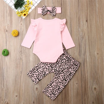 

Newborn Infan Baby Girls Clothes Pink Fly Sleeve Tops+Leopard Pants Headband 3PCS Outfits Set Clothes For 0-18Months