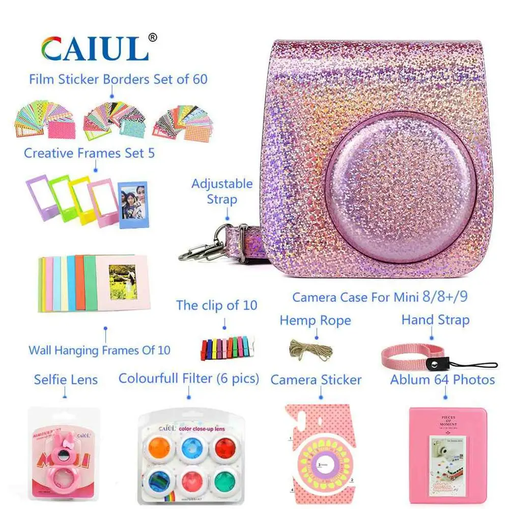 CAIUL сумка для камеры Fujifilm Instax Mini8 9 Кристальный блестящий чехол для камеры аксессуары с фильтрами зеркало для съемки селфи альбом