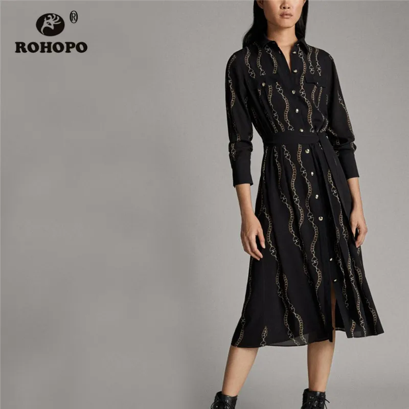 

ROHOPO Turn Down Collar Vintage Chain Midi Blouse Black Dress Waistband Buttons Fly Top flaps Welt Pocket Straight Vestido #9037