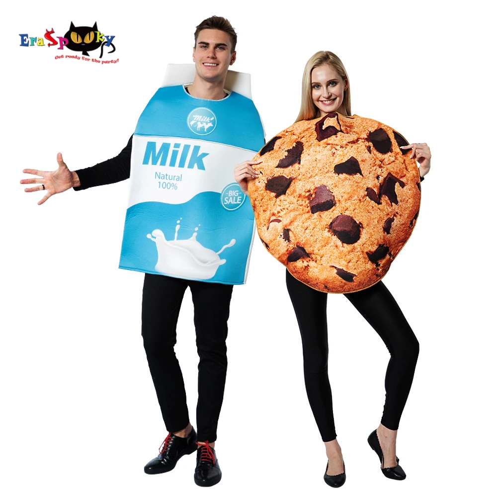 

2019 Funny Food Cosplay Milk Cookies Fancy Dress Halloween Couple Costumes For Adult Women Biscuits Carnival Party Group Outfits