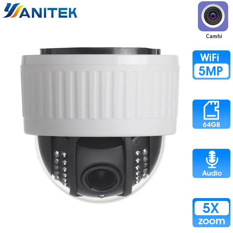 Беспроводная поворотная купольная PTZ IP Wi-Fi камера 5MP HD 2MP Аудио Микрофон SD карта IR
