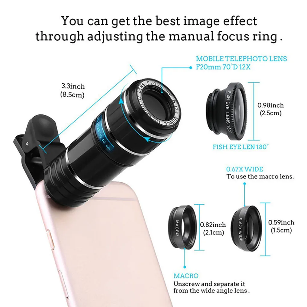 Phone Camera External Telephoto 12x Zoom Lens Tripod Kit Fish Eye Wide Angle Macro Lens Set