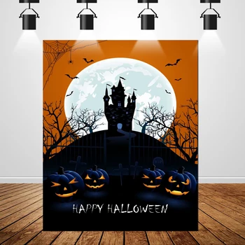 

Halloween photographic photophone backdrop moon horror night tomb spider bat Pumpkim background cement wall photocall