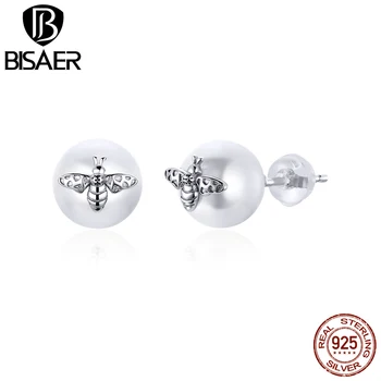 

Bee Earrings BISAER 925 Sterling Silver Elegant Freshwater Pearl & Bee Stud Earrings for Women Fashion Silver Jewelry EFE336