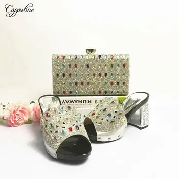 

Amazing party set silver high heel shoes and evening bag set with colorful stones ASB3 heel height 7cm