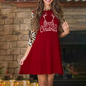 

Women Long Sleeve Merry Christmas Leopard Patchwork Color Block Mini Dress Dropshipping fashion Work clothes winter Selling